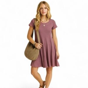 Natural Life Striped Lettuce Hem Swing Mini Dress L | Y2K Flare T-Shirt Raw Hem